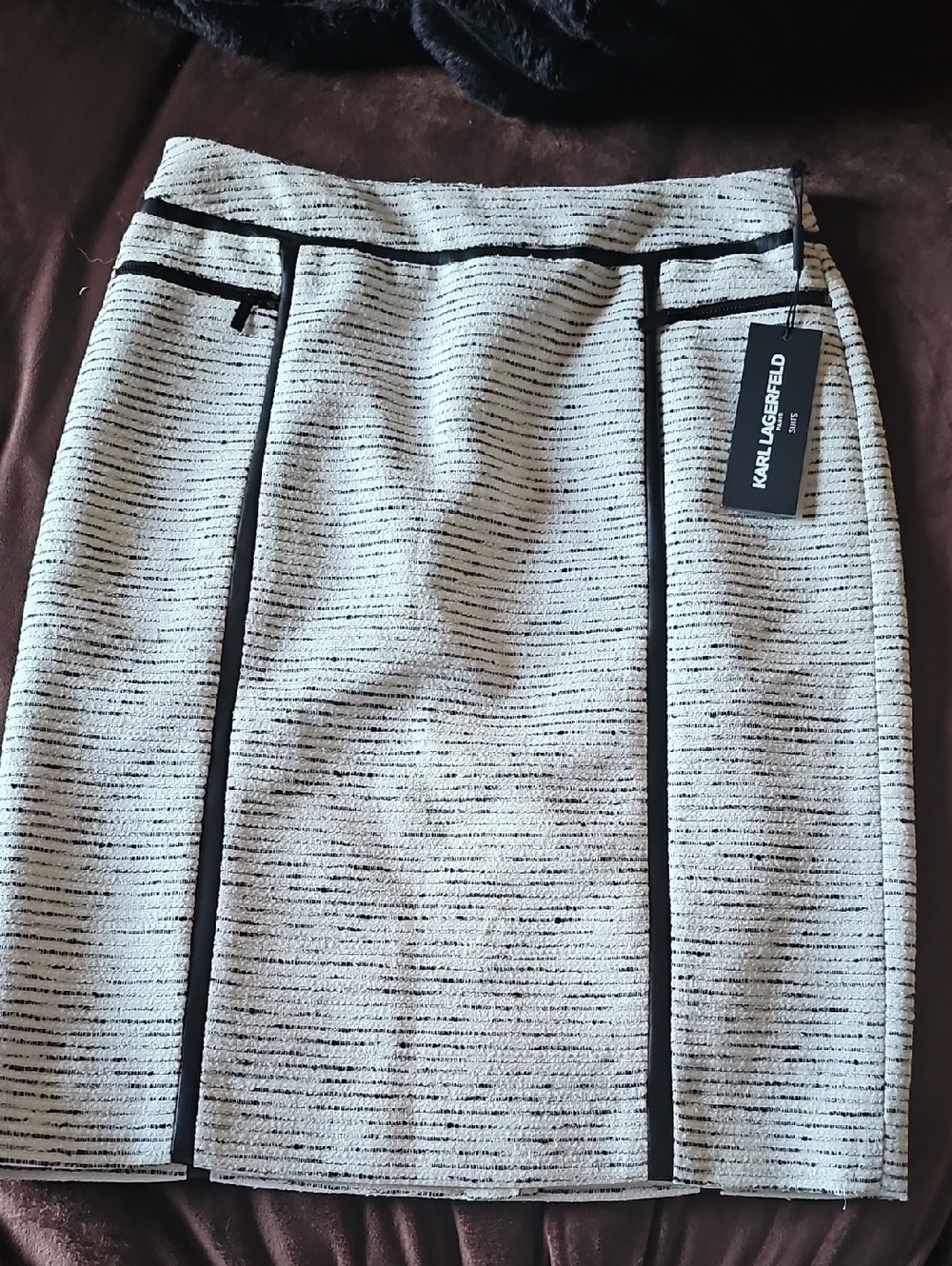 Karl Lagerfeld Cream Tweed Pencil Skirt with Black Piping